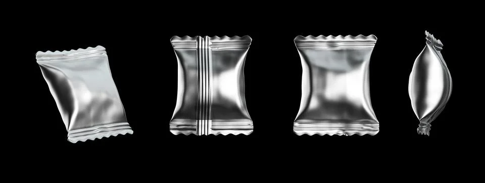 3d rendering of four silver metallic foil packs for candy on a black background Stock Photos