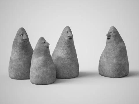 3D rendering of four stone figures with faces. Stock Illustration