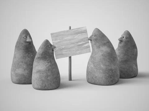 3D rendering of four stone figures with faces. Illustrazione stock