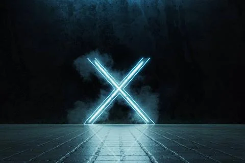 3d rendering of framed lighten X alphabet shape on grunge tiles floor surr... Stock Photos