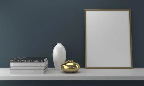 A 3D rendering of frames on a countertop with decorations on the side on a gr Stock Illustration