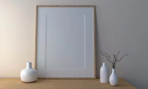 A 3D rendering of frames on a countertop with decorations on the side on a wh Illustrazione stock