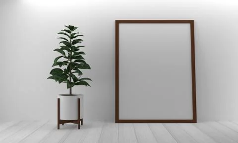 3D rendering of frames mounted on a countertop with an indoor plant on the si Illustrazione stock
