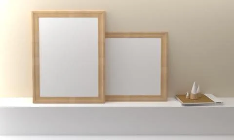 A 3D rendering of frames mounted on the countertop and decorations on the sid Stock Illustration
