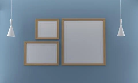 A 3D rendering of frames mounted on a pale blue wall with hanging lamps on th Stock Illustration