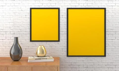 A 3D rendering of frames mounted on the wall with countertops and decorations Stockillustratie