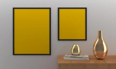A 3D rendering of frames mounted on the wall with countertops and decorations Illustrazione stock