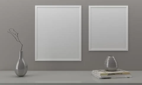 A 3D rendering of frames mounted on the wall with countertops and decorations 스톡 일러스트