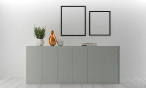 A 3D rendering of frames mounted on the wall with countertops and decorations Illustrazione stock