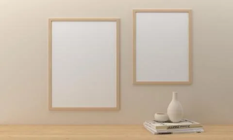 A 3D rendering of frames mounted on the wall with countertops and decorations Stock Illustration