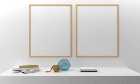 A 3D rendering of frames mounted on the wall with countertops and decorations Stock Illustration