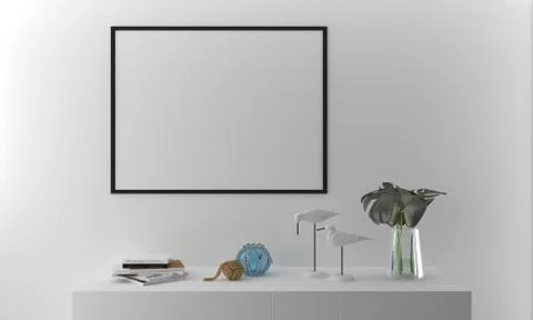 A 3D rendering of frames mounted on the wall with countertops and decorations Ilustración de archivo