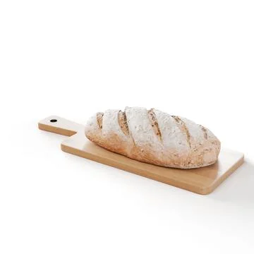 3D rendering of a fresh bread loaf on a wooden board isolated on a white backgro Foto stock
