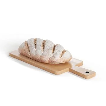 3D rendering of a fresh bread loaf on a wooden board isolated on a white backgro Foto stock