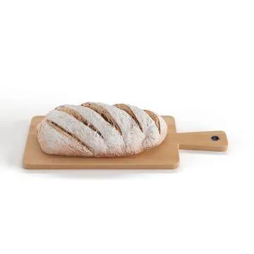 3D rendering of a fresh bread loaf on a wooden board isolated on a white backgro Foto stock