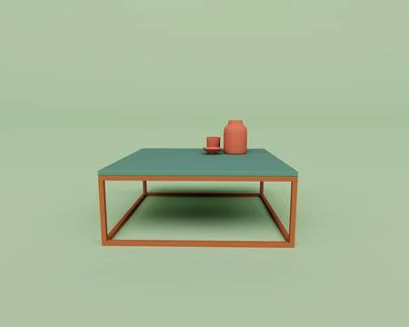 3d rendering of Front view of modern Cube coffe table with tea cup , 3d illus Ilustración de archivo