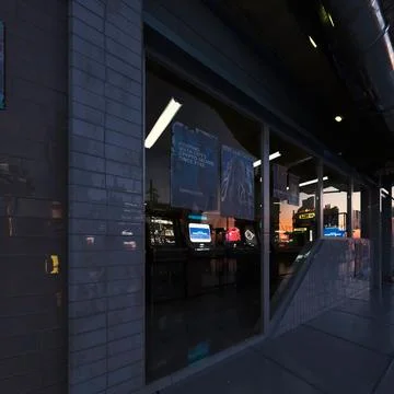 3D rendering of the frontal glass of a store in a futuristic city Ilustración de archivo