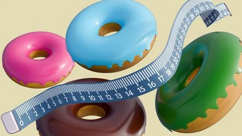 3D rendering of frosted donuts and a flexible measuring tape. Stock Illustration