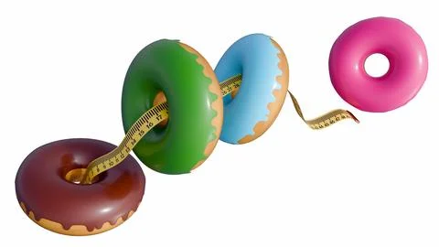 3D rendering of frosted donuts and a flexible measuring tape. Stock Illustration