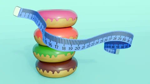 3D rendering of frosted donuts and a flexible measuring tape. Stock Illustration