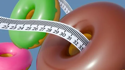 3D rendering of frosted donuts and a flexible measuring tape. Stock Illustration