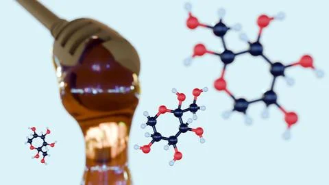 A 3d rendering of fructose molecule and honey Illustrazione stock