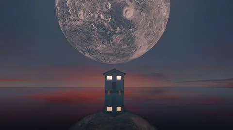 3D Rendering. Full moon behind the hill top house, standing in the lake Stock Illustration