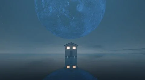 3D Rendering. Full moon behind the hill top house, standing in the lake Stock Illustration