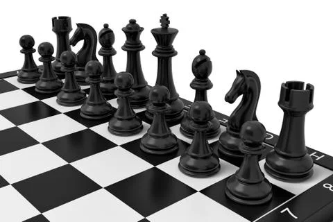 3d rendering of a full set of the black chess units standing in their starting Stock Illustration