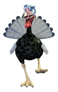 3D rendering of funny cartoon turkey with expressive face and spread tail f.. Stock Illustration