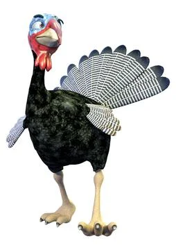 3D rendering of funny cartoon turkey with expressive face and spread tail f.. Stock Illustration
