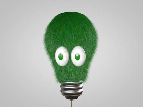 3d rendering of a funny green lamp character with grass isolated on white Stock Illustration