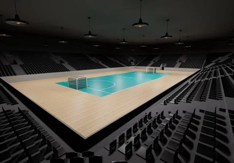 3d rendering of a futsal pavilion, indoors sports stadium with empty seats all a Stock Illustration