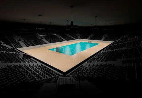 3d rendering of a futsal pavilion, indoors sports stadium with empty seats all a Stock Illustration