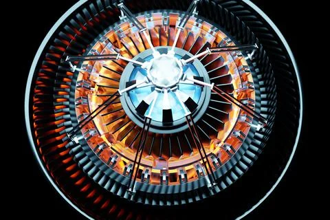 3D rendering future engine rocket turbine technology under blue and purple li Stock Photos