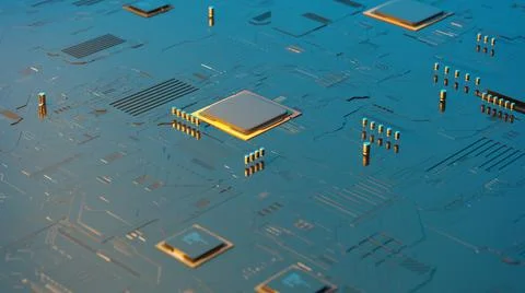 3d rendering of a futuristic circuit board with surface mount components Stock-Illustration