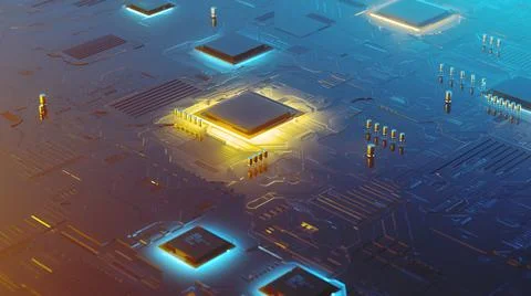 3d rendering of a futuristic circuit board with surface mount components 스톡 일러스트