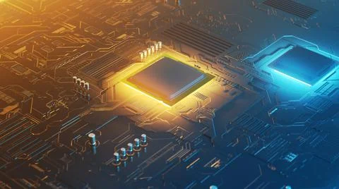 3d rendering of a futuristic circuit board with surface mount components Illustrazione stock