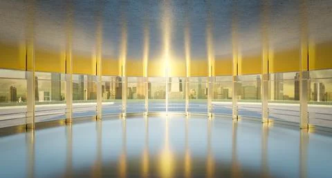 3D rendering futuristic curved shapes design metal facade office interior Ilustración de archivo