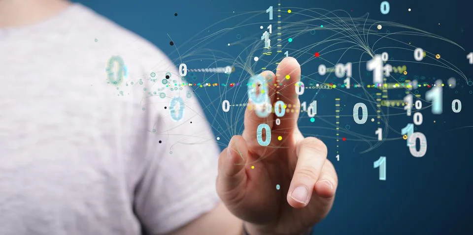 3d rendering of futuristic data stream near a hand Stock Photos