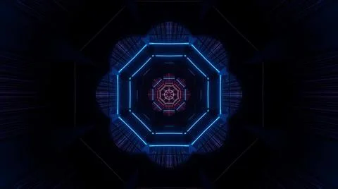 A 3D rendering of futuristic kaleidoscope pattern in blue vibrant colors agai Stock Illustration