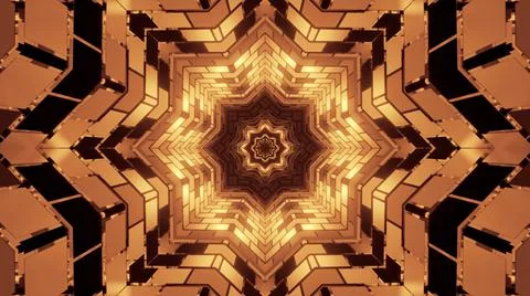 A 3D rendering of futuristic kaleidoscope patterns in neon brown and black vi Stock Illustration