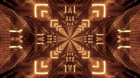 A 3D rendering of futuristic kaleidoscope patterns in neon brown and black vi Stock Illustration