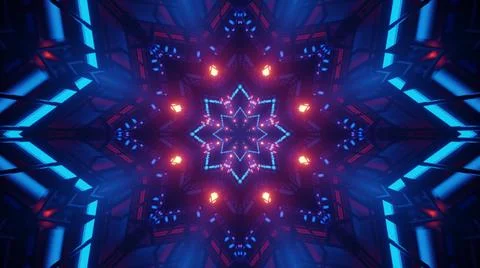 A 3D rendering of futuristic kaleidoscope patterns in neon blue and red dots  Stock Illustration
