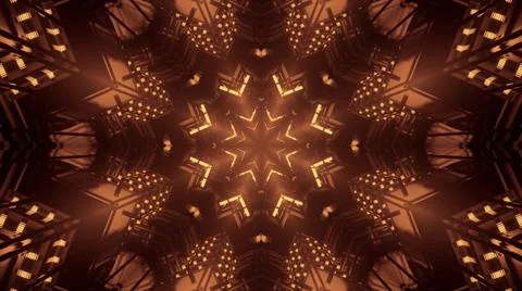 A 3D rendering of futuristic kaleidoscope patterns in neon brown and black vi Stock Illustration