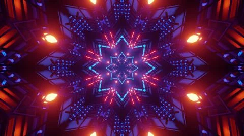A 3D rendering of futuristic kaleidoscope patterns in neon red and blue vibra Stock Illustration