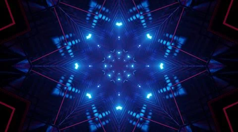 A 3D rendering of futuristic kaleidoscope patterns in neon blue and blacvibra Stock Illustration