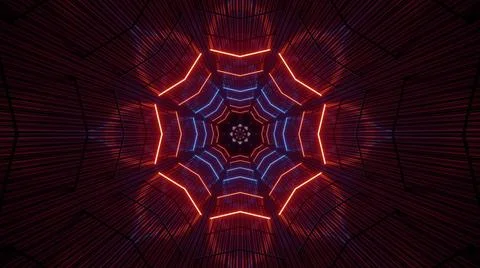 A 3D rendering of futuristic kaleidoscope patterns in neon blue and red vibra Stock Illustration
