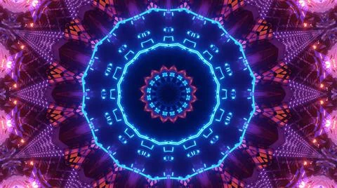 A 3D rendering of futuristic kaleidoscope patterns in neon blue and purple vi Stock Illustration