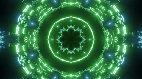 A 3D rendering of futuristic kaleidoscopic patterns in green and blue vibrant Stock Illustration